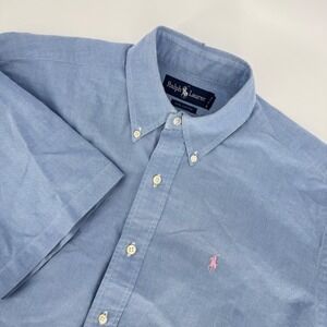 Ralph‎ Lauren Short Sleeve Oxford Shirt Blue Pink Pony Logo Men's Size M Cotton